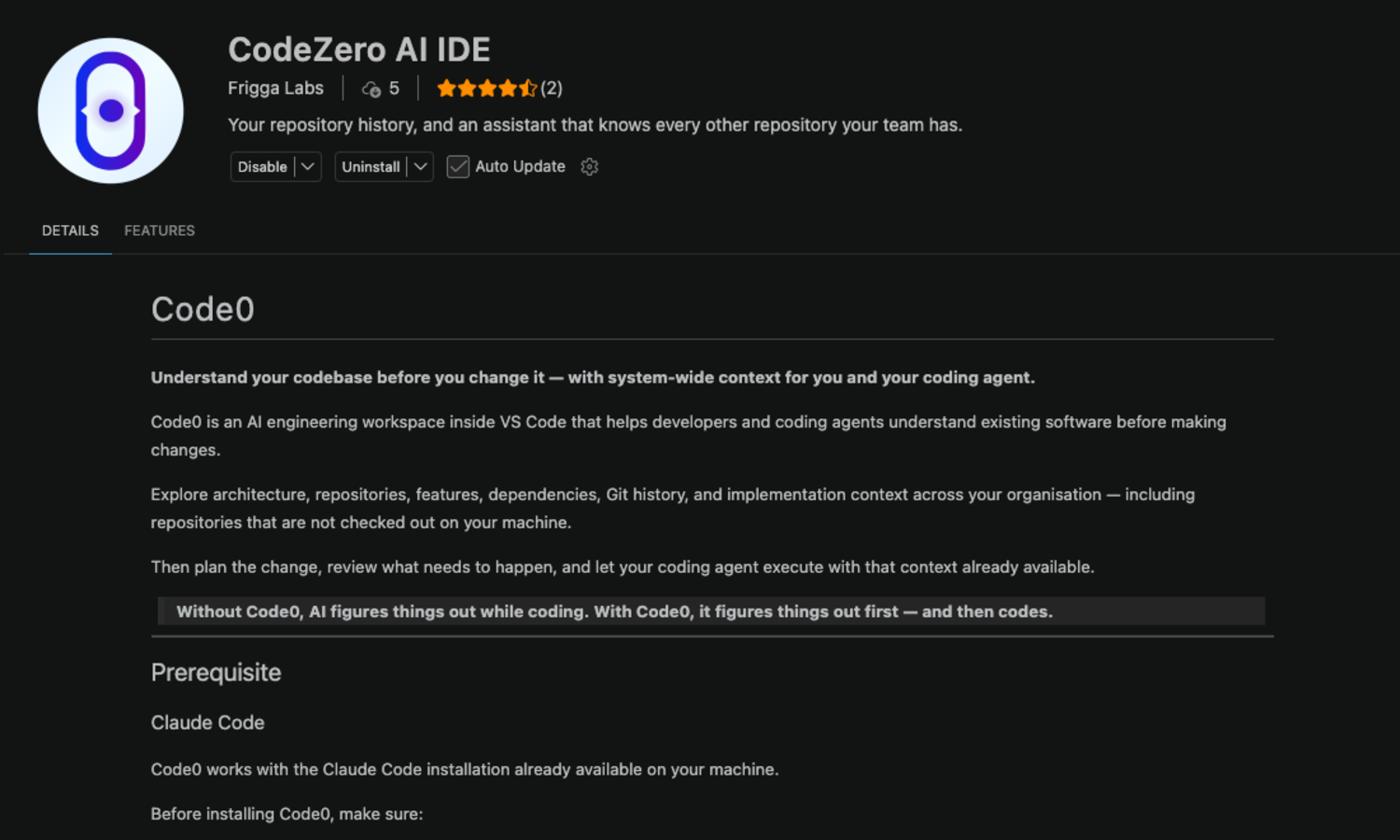 The CodeZero AI IDE marketplace page with the Install button and the frigga.code0 identifier