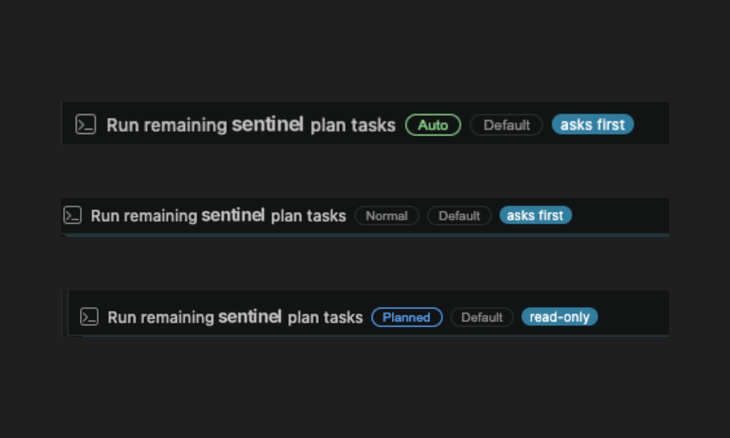 Three session headers showing the Auto, Normal and Planned mode chips with their asks-first and read-only states