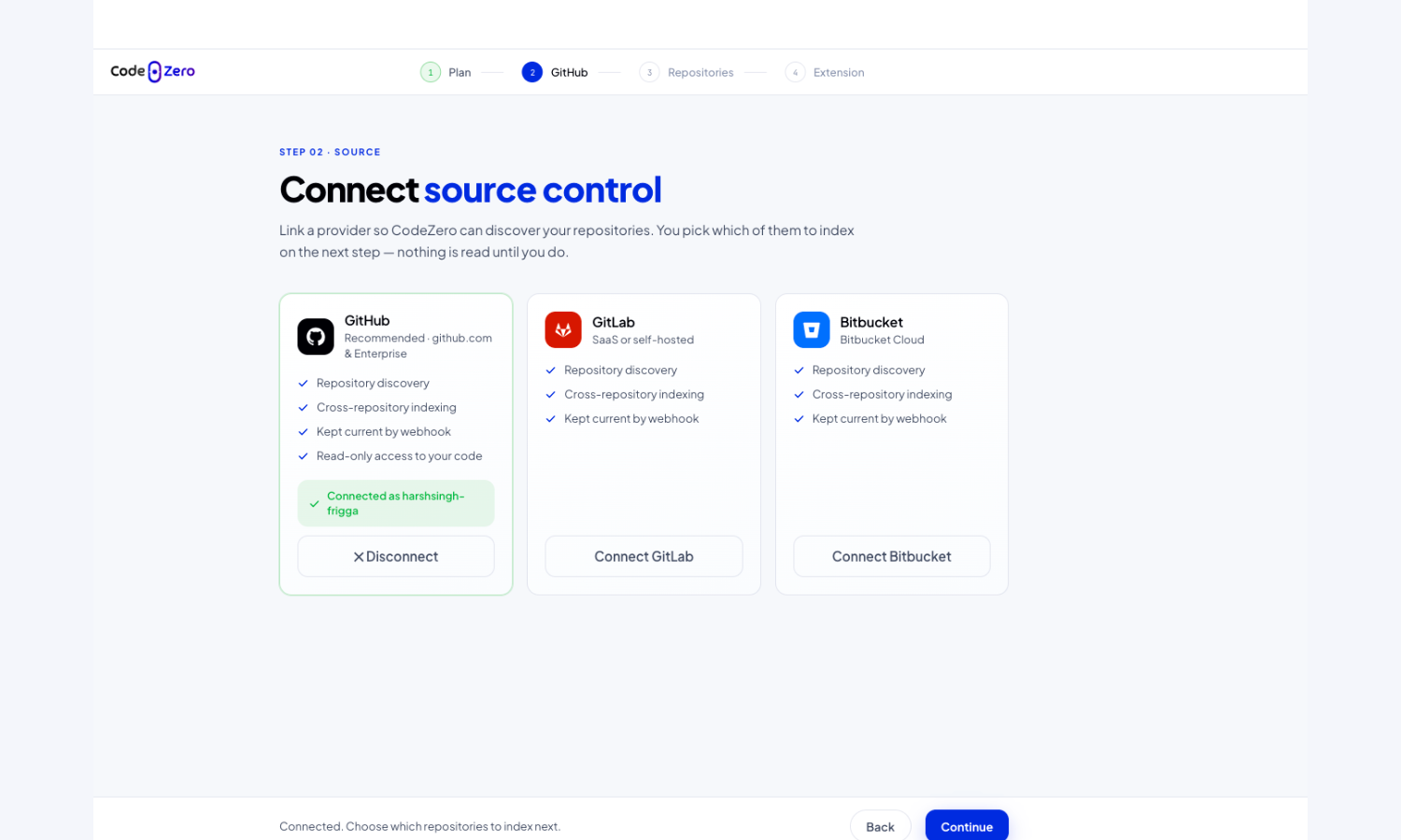 The Connect source control setup step with GitHub connected and GitLab and Bitbucket available