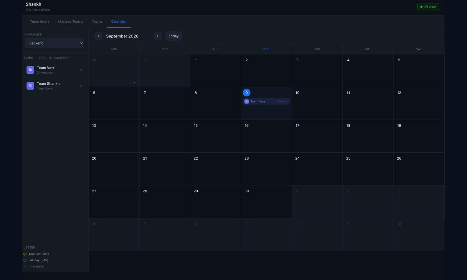 The Shankh on-call calendar showing a month view with a team assigned to one day and the teams sidebar alongside it