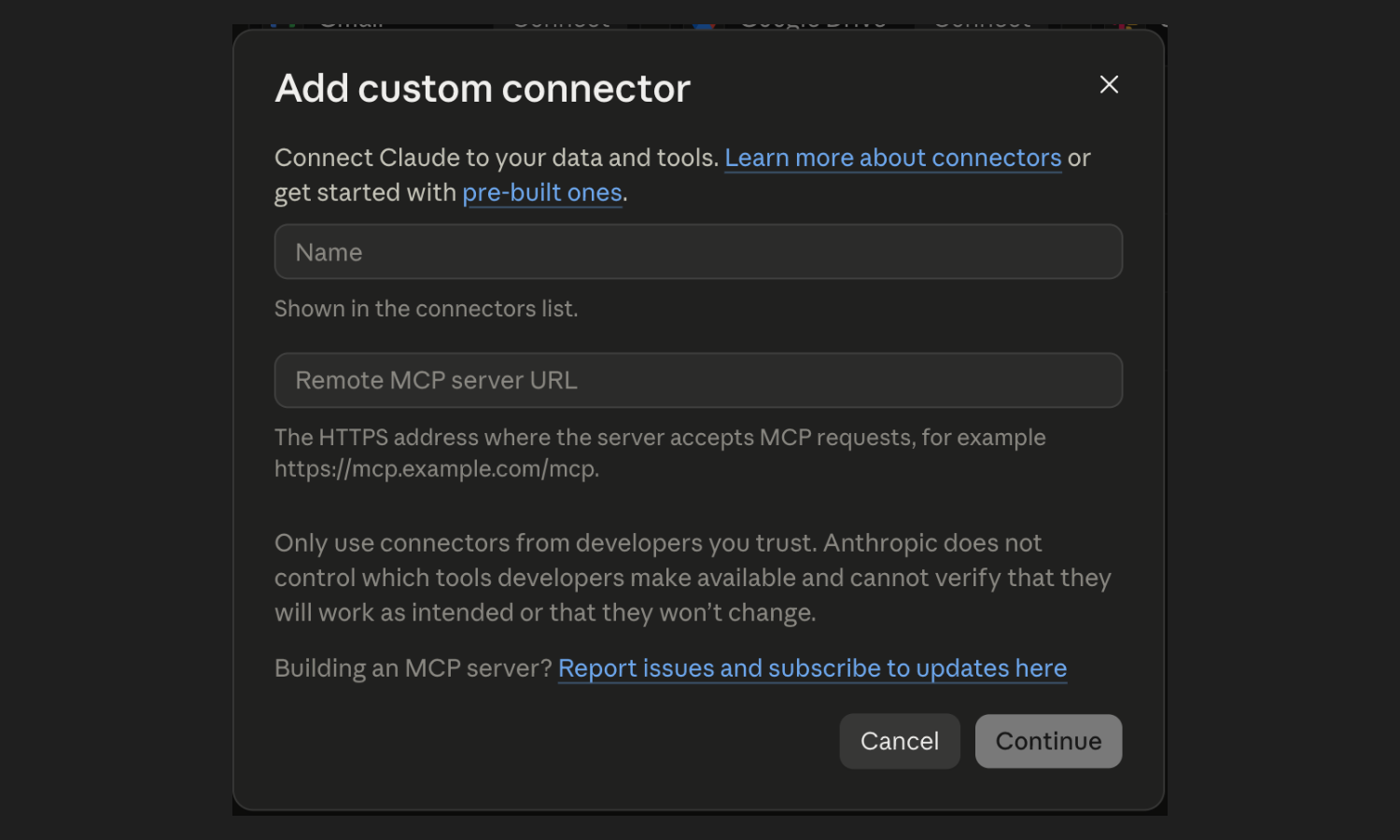 Claude's add custom connector dialog with name and remote MCP server URL fields