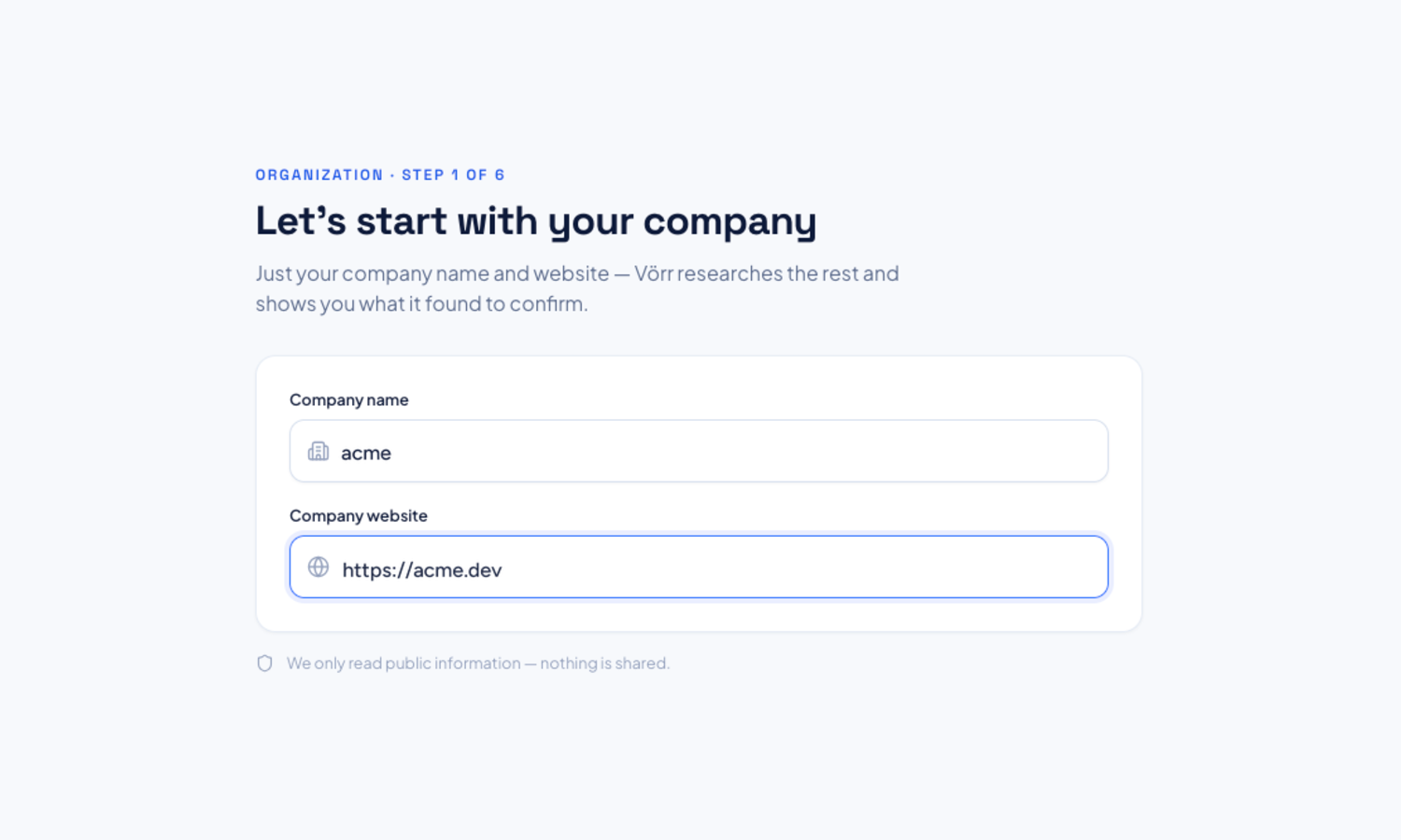 The company step with company name and company website fields