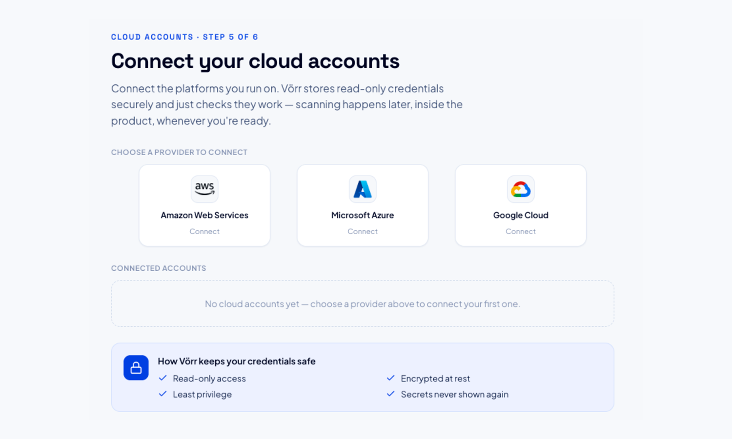 The connect cloud accounts step with AWS, Azure and Google Cloud provider cards