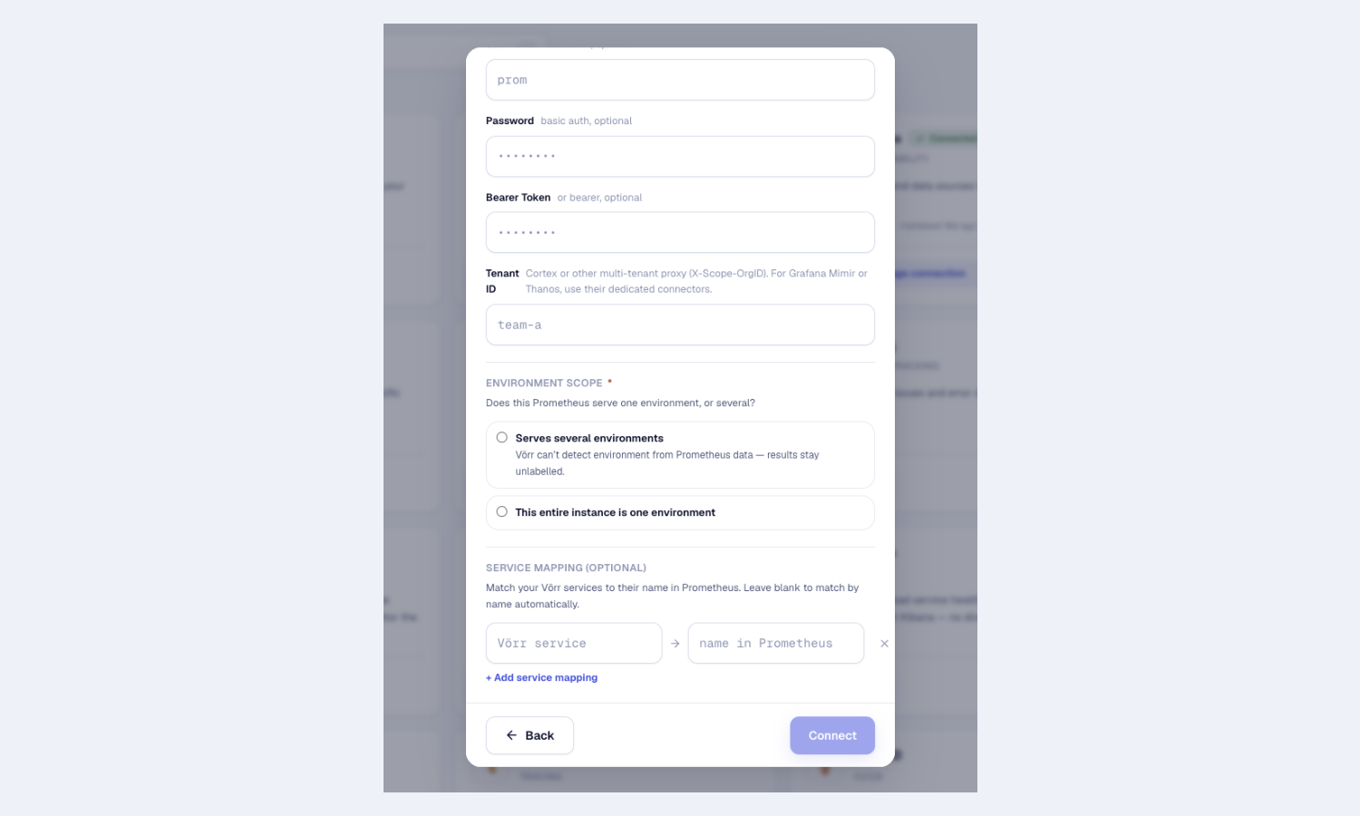 A connector form with authentication fields, environment scope options and service mapping rows