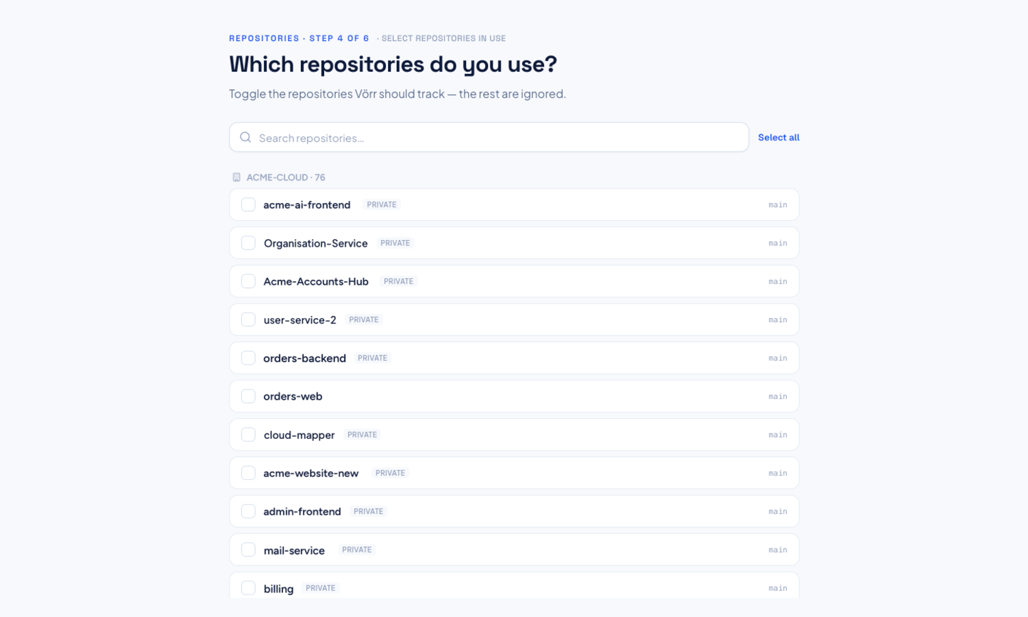 The repository selection list with per-repository toggles and a search field